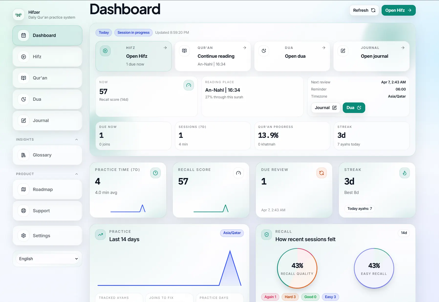 Hifzer dashboard with Qur'an progress, hifz review, dua, and journal surfaces.